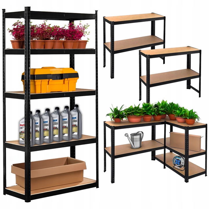 Raft Metalic, Kanza, Material: Metal Vopsit Electrostatic, Capacitate: 875 Kg, Numar Rafturi: 5, Sistem De Montaj: Prin Presare, Fara Suruburi, 180 Cm X 90 Cm X 40 Cm, Negru