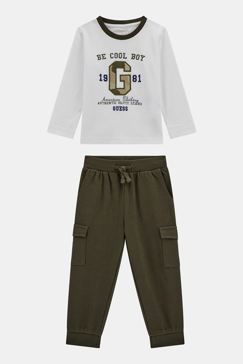 GUESS KIDS, Set de bluza cu decolteu rotund si pantaloni cargo - 2 piese, Albastru inchis/Kaki/Alb optic