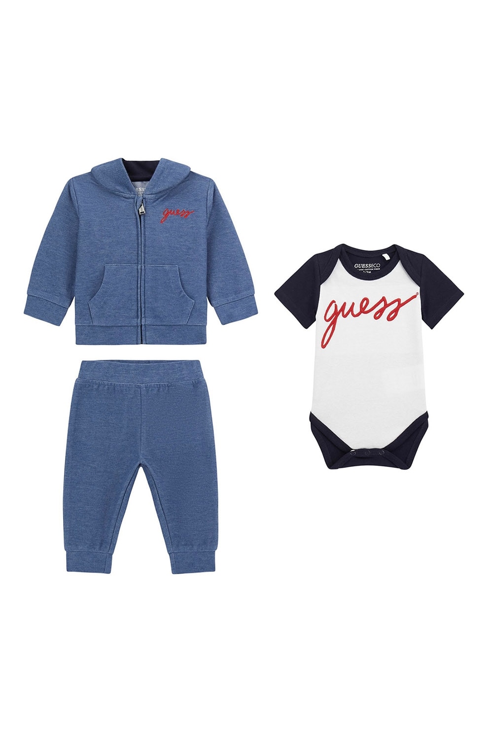 GUESS KIDS, Set de hanorac cu fermoar, pantaloni si body cu logo - 3 piese, Albastru prafuit, 54-60 CM