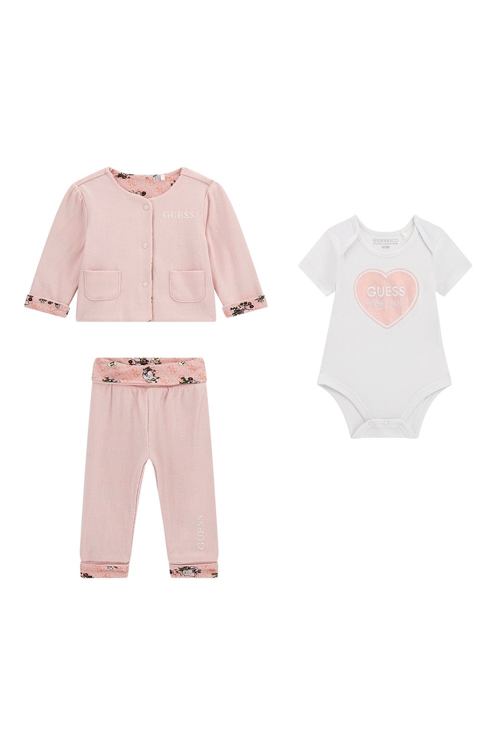 GUESS KIDS, Set de jacheta, pantaloni si body - 3 piese, Alb murdar, Roz prafuit, 55-62 CM