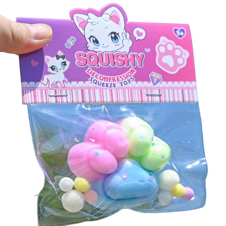 Jucarie Antistres Squishy, Flippy, cu Revenire Lenta, Labuta de Pisica Pufoasa, 7.5 cm, Ambalaj Transparent, Model 27057, Multicolor