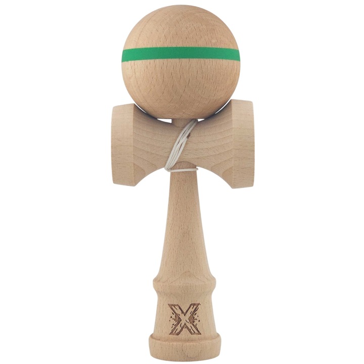 Kendama X Originala, Profesionala, Flippy, din Lemn, 18 cm, Model Simplu cu Dunga, Verde