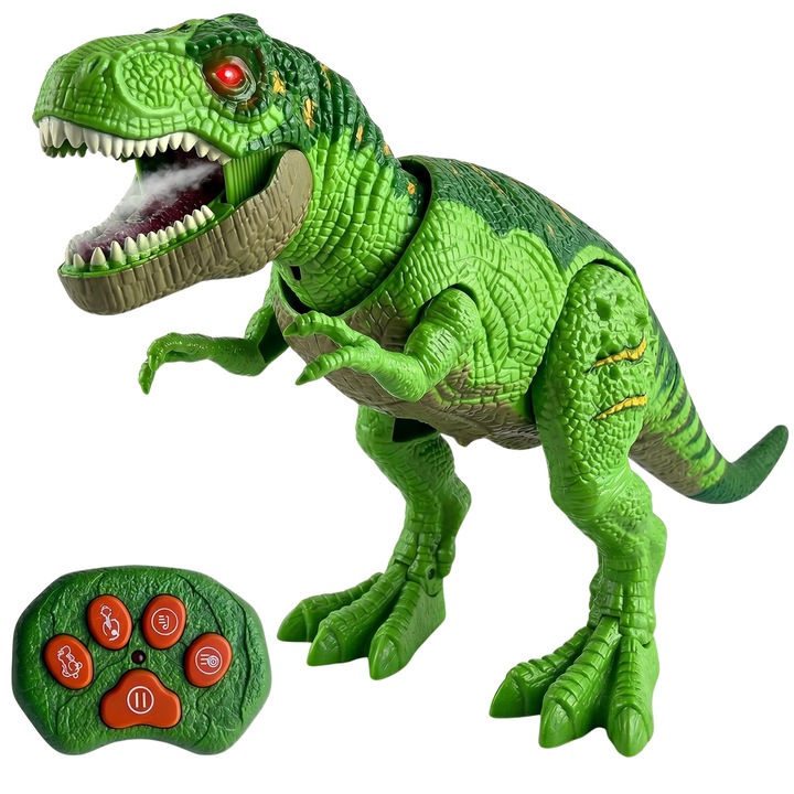 Jucarie Dinozaur cu Telecomanda pentru Copii - Jucarie Interactiva cu Sunete, Lumini LED si Functie Spray prin Pulverizare de Aburi - Miscari Realiste, Design T-Rex - Cadou Amuzant si Educativ pentru Baieti si Fete 3-7 Ani