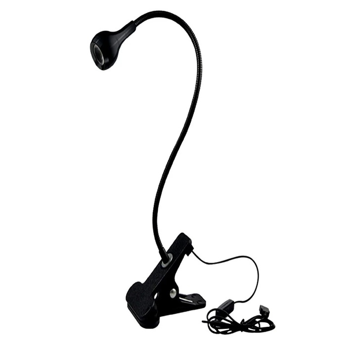 Lampa de birou cu clema USB ZYBLSSBB LSM2xh10640-BCS0014669-1, LED flexibil 1W, lumina calda, clema reglabila, negru