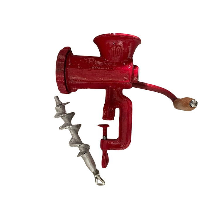 Masina manuala de tocat carne din fonta Nr.10, cu maner din lemn, prindere tip menghina