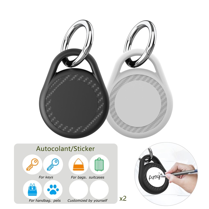 Set 2 Husa de protectie pentru Apple airtag, Contine 2 autocolante 16 pictograme, Pentru a distinge diferite scenarii de utilizare, Alb/Negru