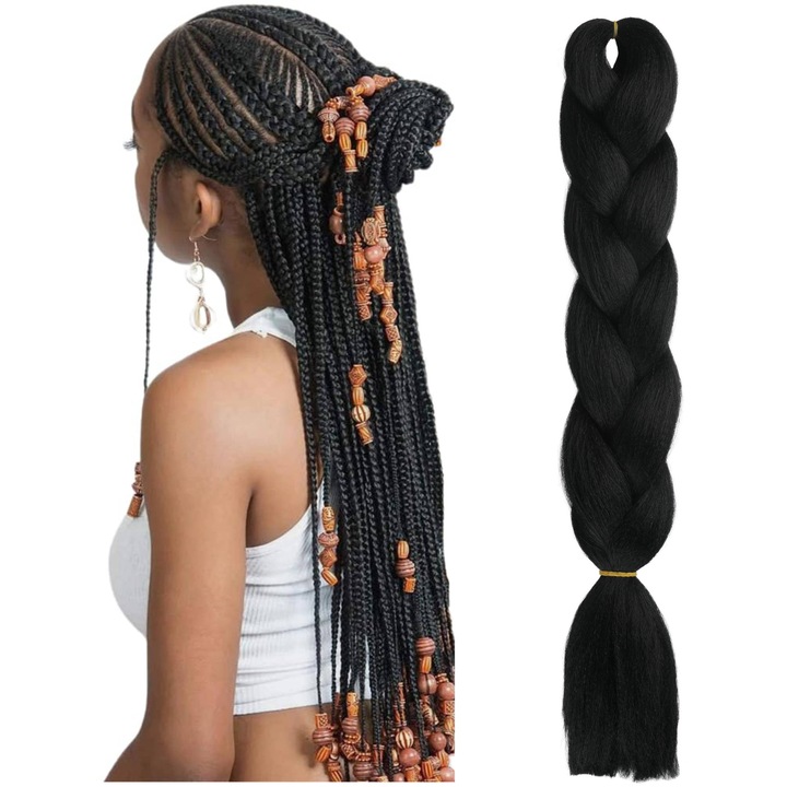 Extensii De Par Sintetice, Ponik'S, Fibre Sintetice De Inalta Calitate, Negre, Posibilitate De Coafare La Cald, Banda De Fixare Pentru Montaj Usor, 120 cm