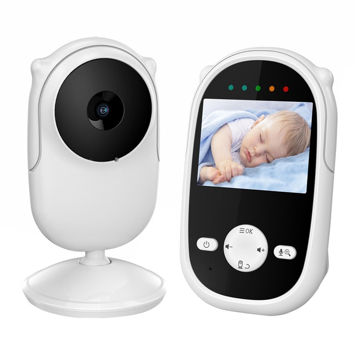 Baby Monitor, 950mah, 2.4 inch TFT LCD, 2.4GHz, Camera Audio-Video pentru supraveghere bebe, Ecran HD LCD, Senzor Smart, Night Vision, Infrarosu, Sunet Bidirectional, VOX, Alarma Hranire, Cantece de leagan, Vaxiuja, Culoare Alb