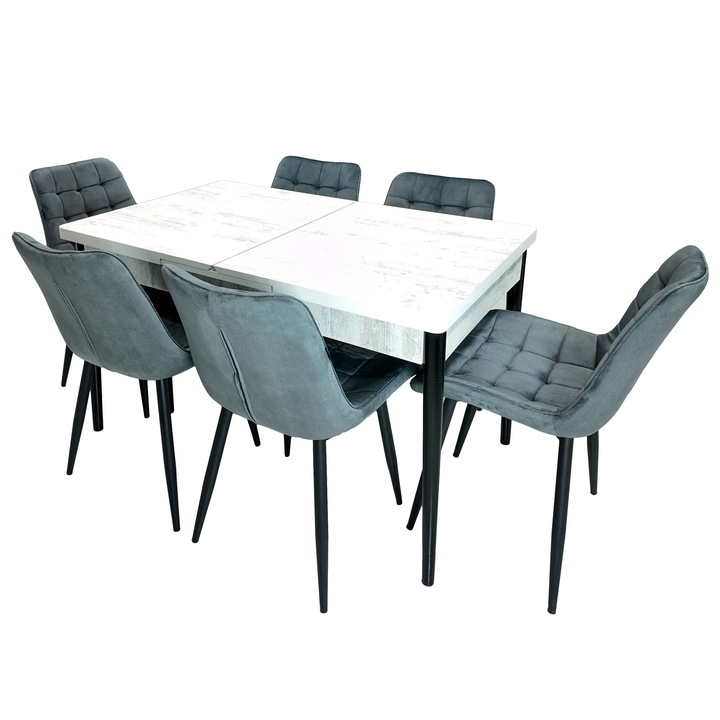 Set masa extensibila Napoli Pin Antichizat cu 6 scaune Osaka gri, DENVER, picioare vopsite negru, 130x80x76 cm