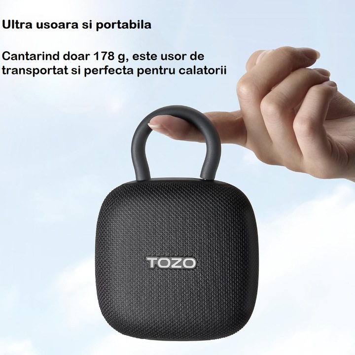 Mini Boxa Portabila TOZO® SoundGo Dynamic Driver 43.5 mm, Bluetooth 5.4, Carlig Prindere, Autonomie 32 h, Reincarcabil USB-C, Microfon, Waterproof IPX8, Apel, Asistent Vocal, Mod Stereo, Black