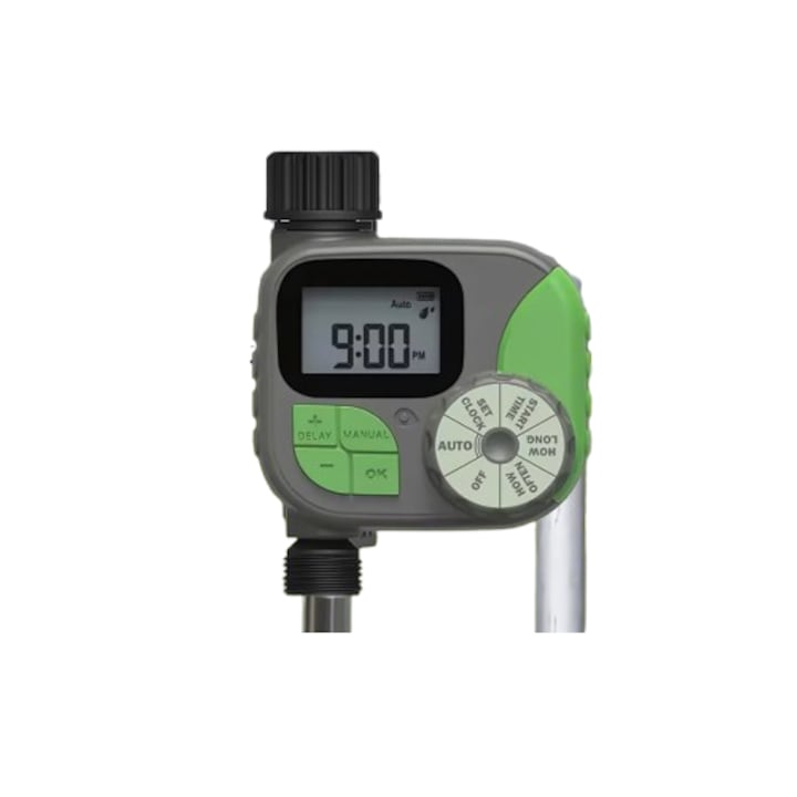 Автоматичен дигитален програматор за поливане на градината, ръчен и автоматичен режим, LCD екран, регулируемо време 1-240 минути, UV и IP54 устойчивост, съвместим с ¾ кран, зелен