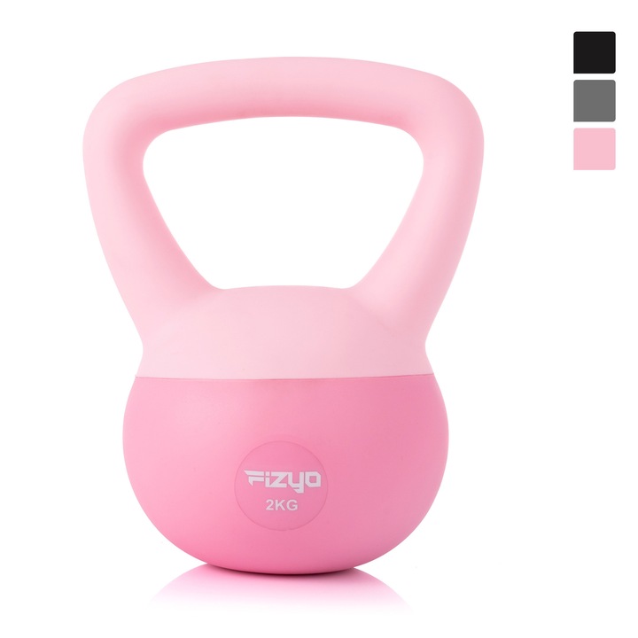 Kettlebell Fizyo FFIKB-0002B, PVC, Antrenament de forta, Functional, Crossfit, Moale, Rezistent la apa, Maner antiderapant, 2kg, Roz