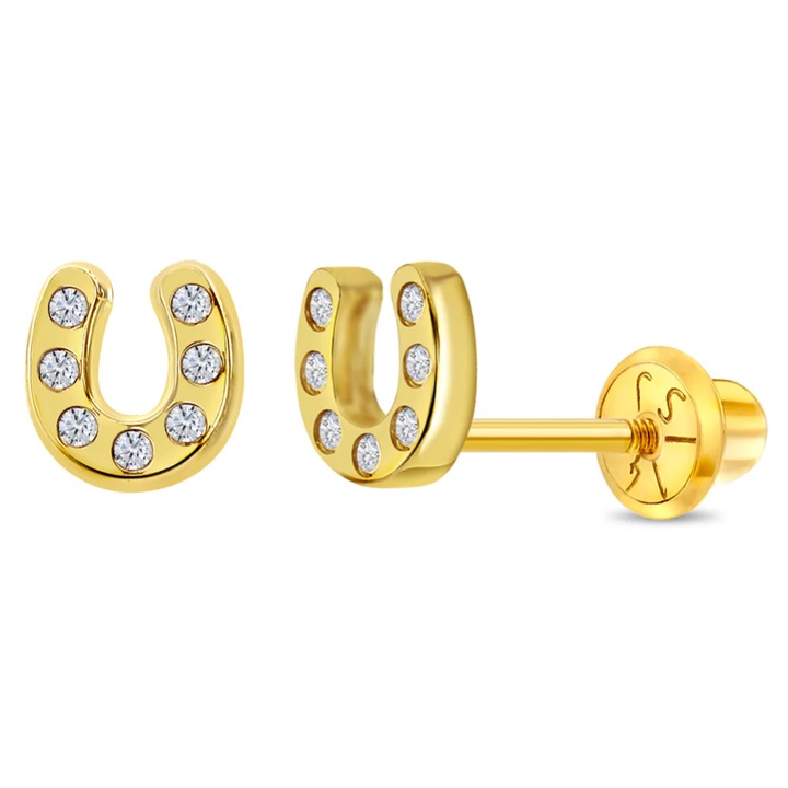 Cercei din Aur 14K pentru Bebelusi si Copii, model Potcoava Norocoasa cu Pietre CZ clare, inchidere cu Filet si Protectie