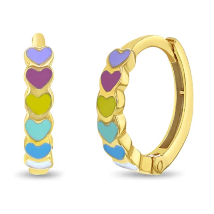 Cercei din Aur 14K pentru Copii si Adolescente, model Cascada Inimioare cu Email Multicolor, inchidere tip Tortita