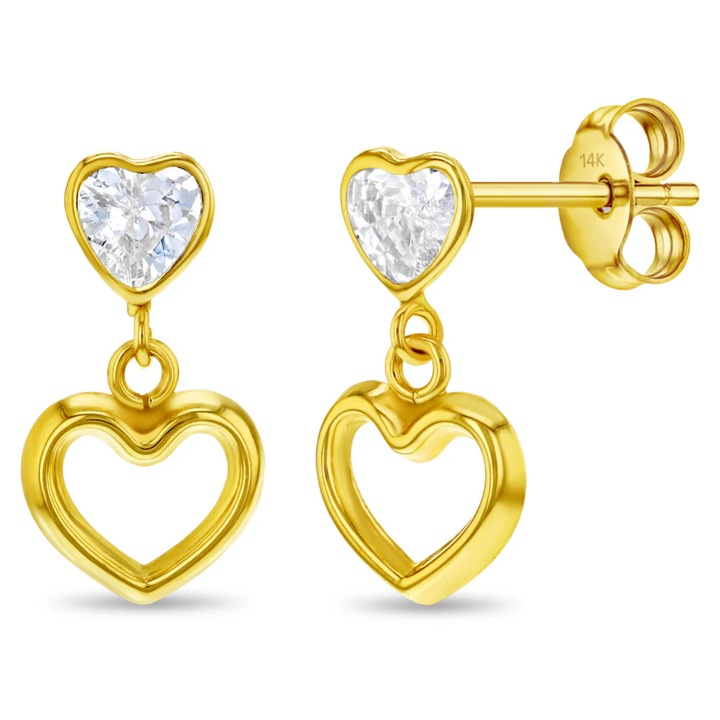Cercei din Aur 14K pentru Adolescente, model Heart to Heart Dangle cu Piatra CZ clara, inchidere cu Fluturas