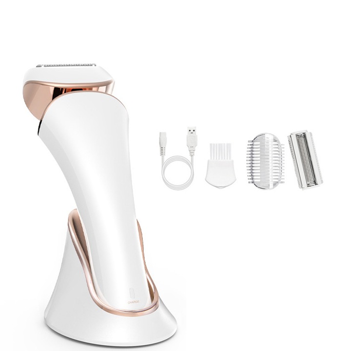 Епилатор за мокро и сухо бръснене, 3 вида аксесоари, IPX 7, презареждаем през USB, зарядна станция, 800mAh, LEIISVK, бял/златен