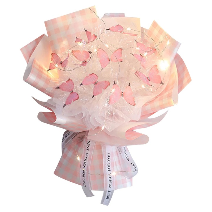Set buchet flori si fluturi cu LED YANYXR, roz, 11 piese