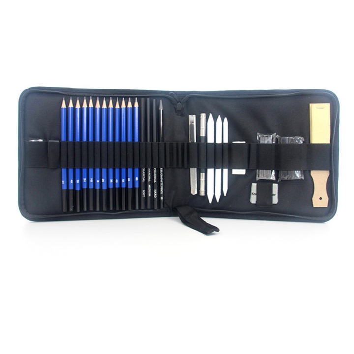 Grafitceruza készlet, TOIITKQ, szén vázlatkészítéshez, rajzoláshoz, kiegészítőkkel, 33 darabos, praktikus tolltartó, többszínű