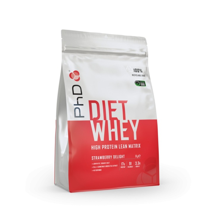 Хранителна добавка PhD Nutrition Diet Whey Protein, Ягода, 1000 грама