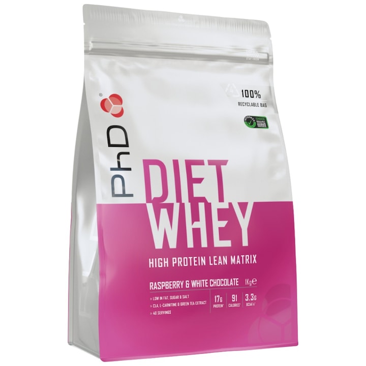 Хранителна добавка PhD Nutrition Diet Whey Protein, Бял шоколад с малини, 1000 грама