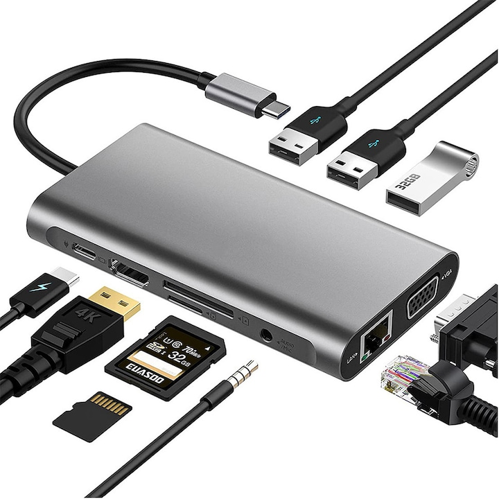 Statie de andocare USB tip C, 10 in 1, 3 porturi USB 3.0, 1 port HDMI 4K, 1 port VGA, 1 port Ethernet RJ45 1000 Mbps, 1 port de date USB-C, 1 slot card SD, 1 port card TF, 1 mufa audio/microfon de 3,5 mm, Gri grafit
