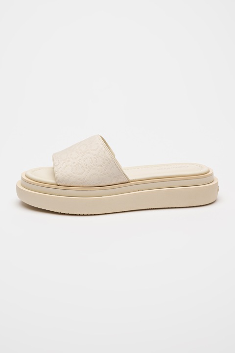 CALVIN KLEIN, Papuci cu talpa flatform si model monograma, Alb fildes, 37