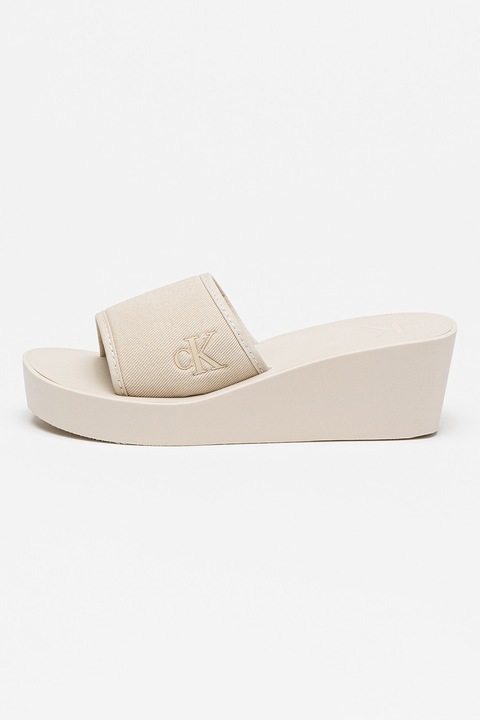 CALVIN KLEIN JEANS, Papuci cu talpa wedge si detaliu logo, Maro nisip, 39