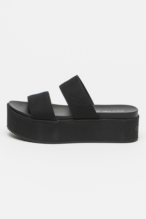 CALVIN KLEIN JEANS, Papuci cu talpa flatform si bareta dubla, Negru, 38