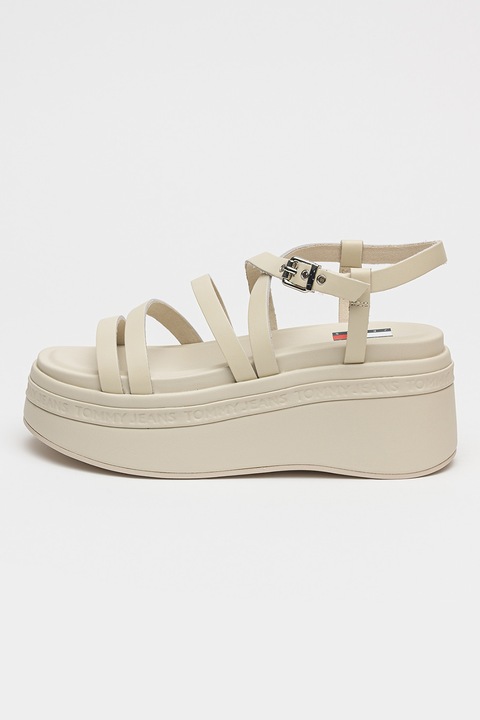 Tommy Jeans, Sandale din piele cu talpa wedge, Maro taupe deschis, 39