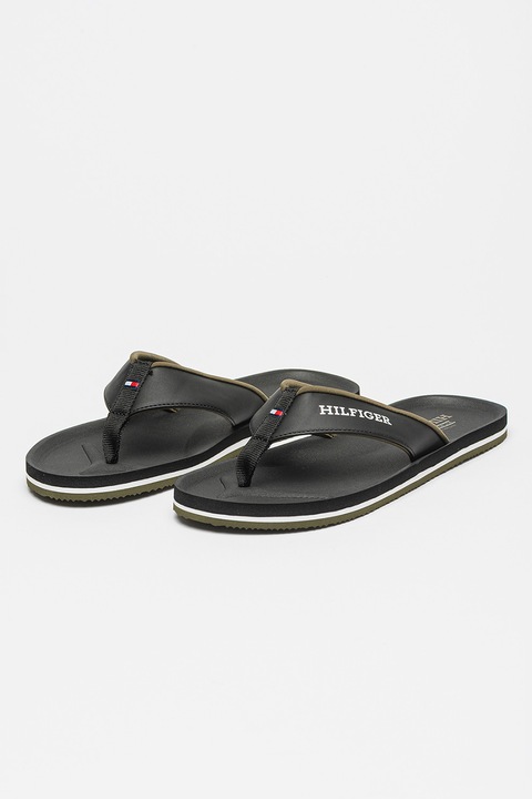 Tommy Hilfiger, Logómintás flip-flop papucs, Fekete/Sötét khaki, 40