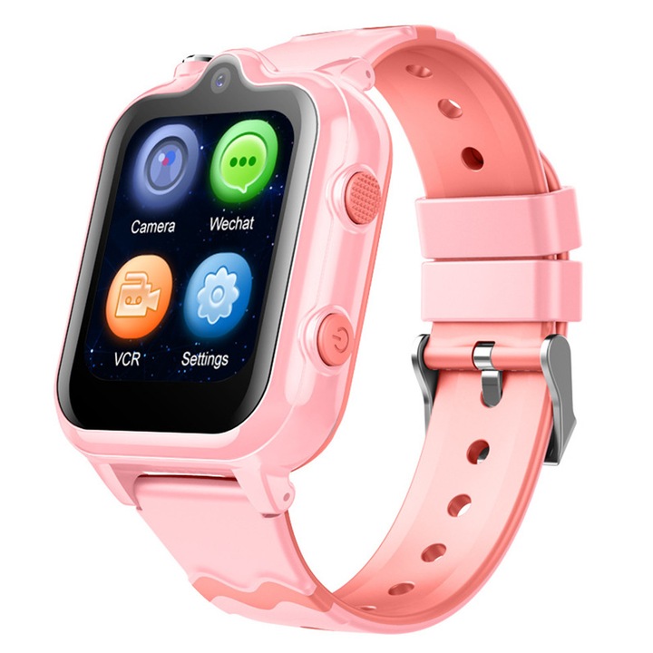 Ceas smartwatch GPS copii cu localizare si telefon, 1.69 inch RETINA, 4G LTE, apel video, camera HD dubla, Wi-Fi, rezistent la apa IP67, telefon, bluetooth, SOS, monitorizare spion, 900MAH, TOIITKQ, Roz