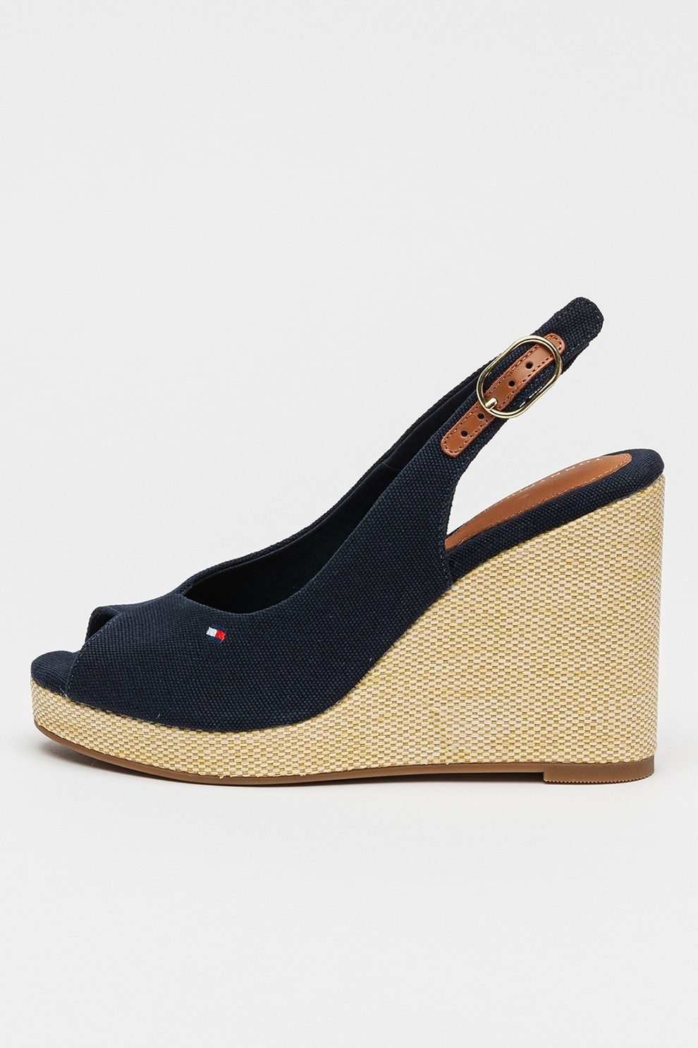 Tommy Hilfiger, Sandale slingback cu talpa wedge Flag, Maro, Bleumarin, 40