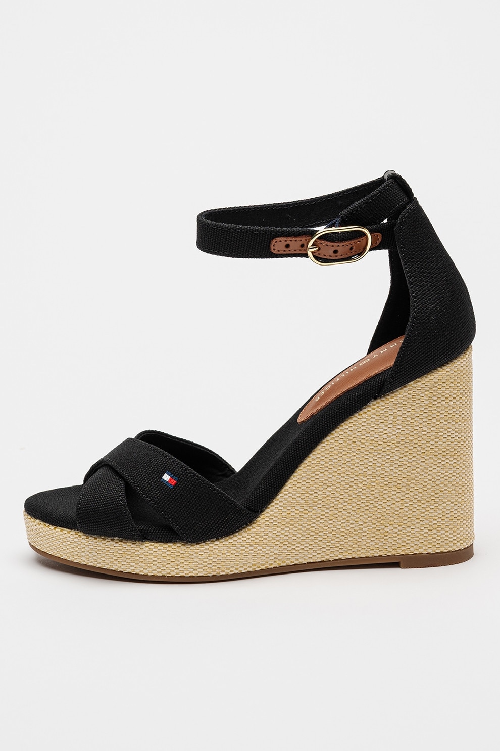 Tommy Hilfiger, Sandale cu talpa wedge si broderie logo, Negru, Maro, 40