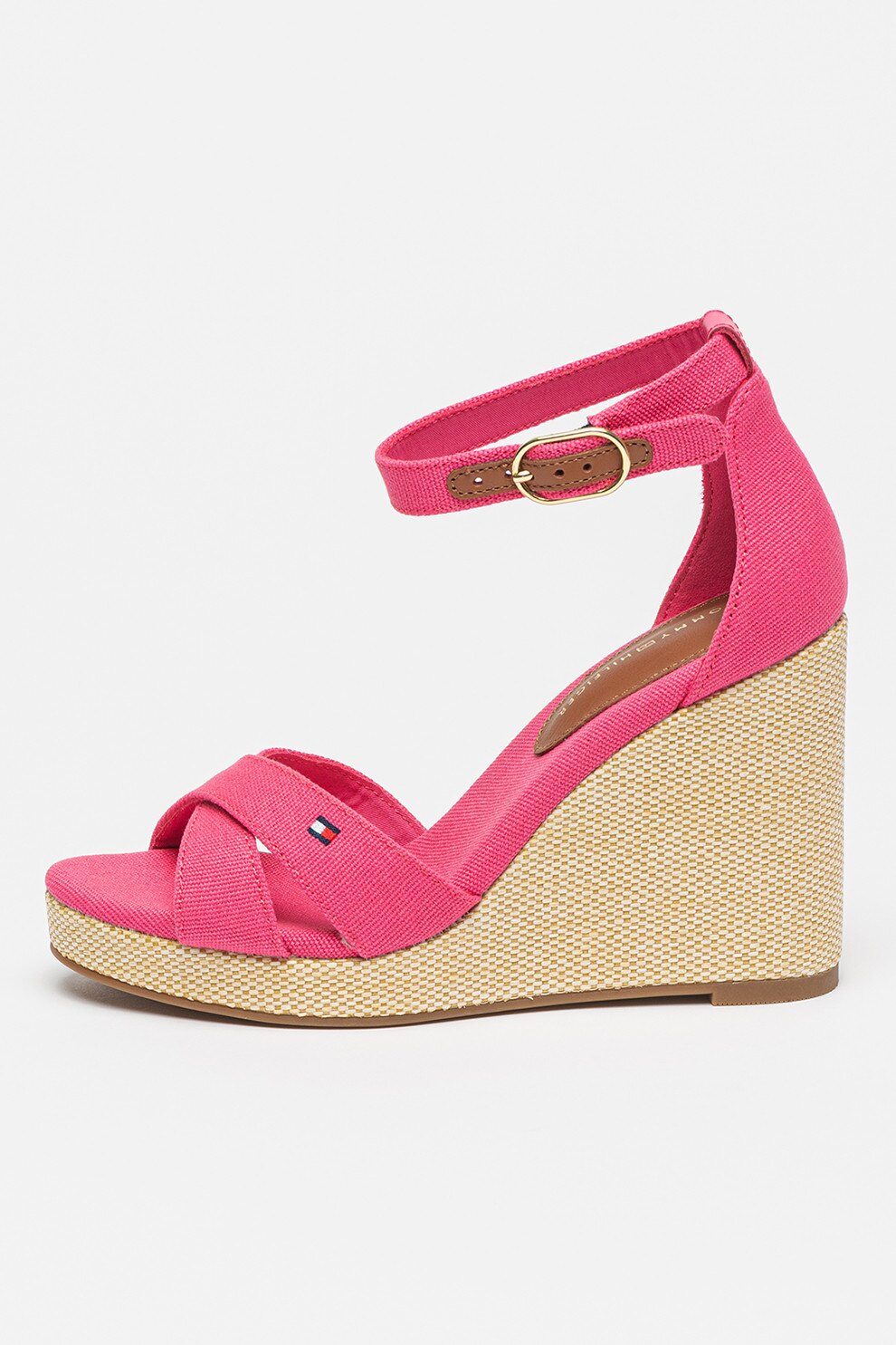 Tommy Hilfiger, Sandale cu talpa wedge si broderie logo, Fucsia, 37