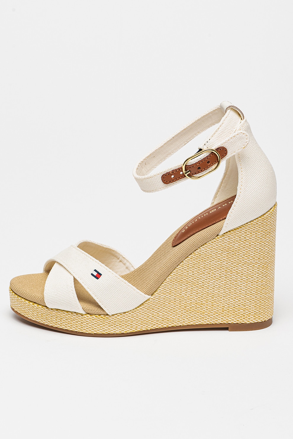 Tommy Hilfiger, Sandale cu talpa wedge si broderie logo, Alb, 39