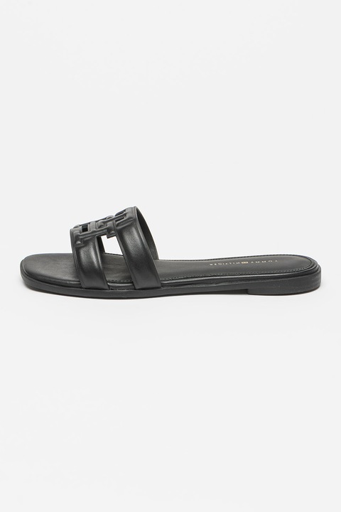 Tommy Hilfiger, Papuci din piele cu model logo, Negru, 37