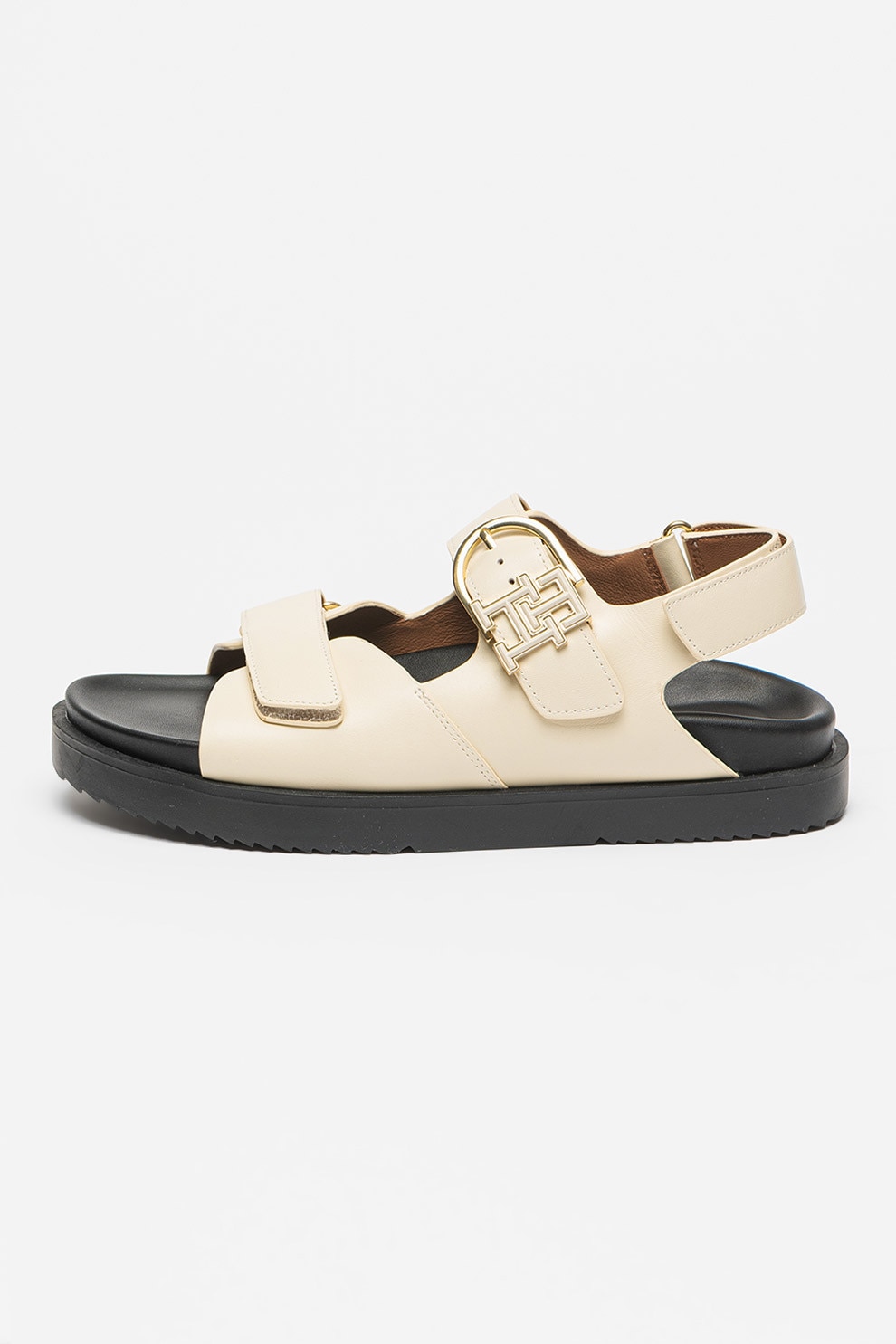 Tommy Hilfiger, Sandale din piele cu logo metalic, Bej, 37