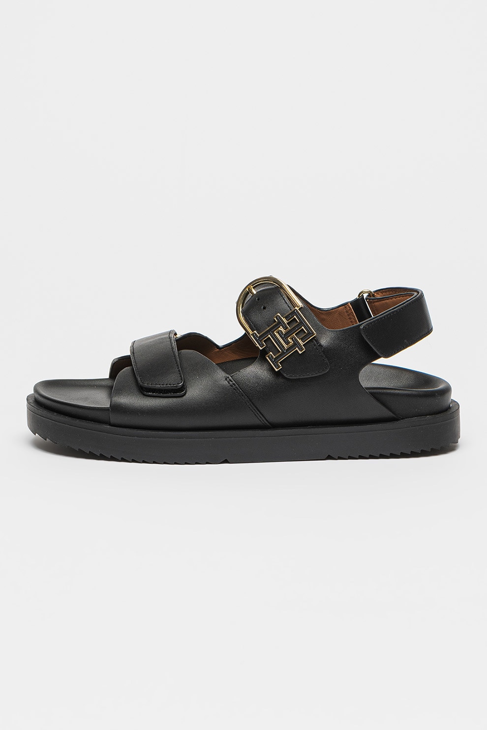 Tommy Hilfiger, Sandale din piele cu logo metalic, Negru, 36