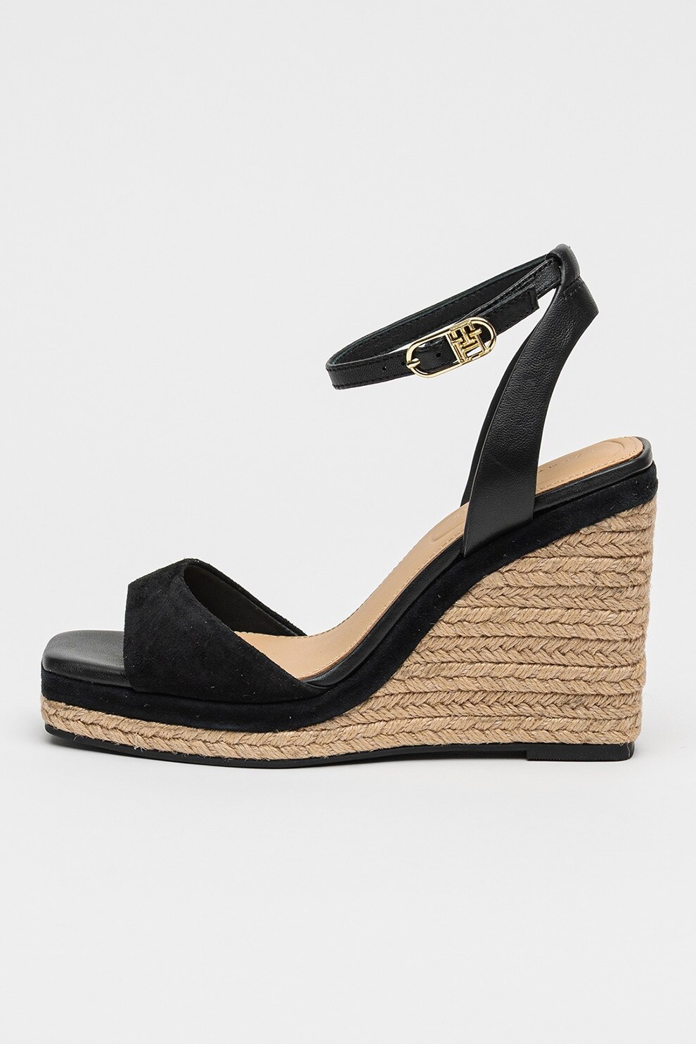 Tommy Hilfiger, Sandale din piele si piele intoarsa cu talpa wedge, Negru, 39