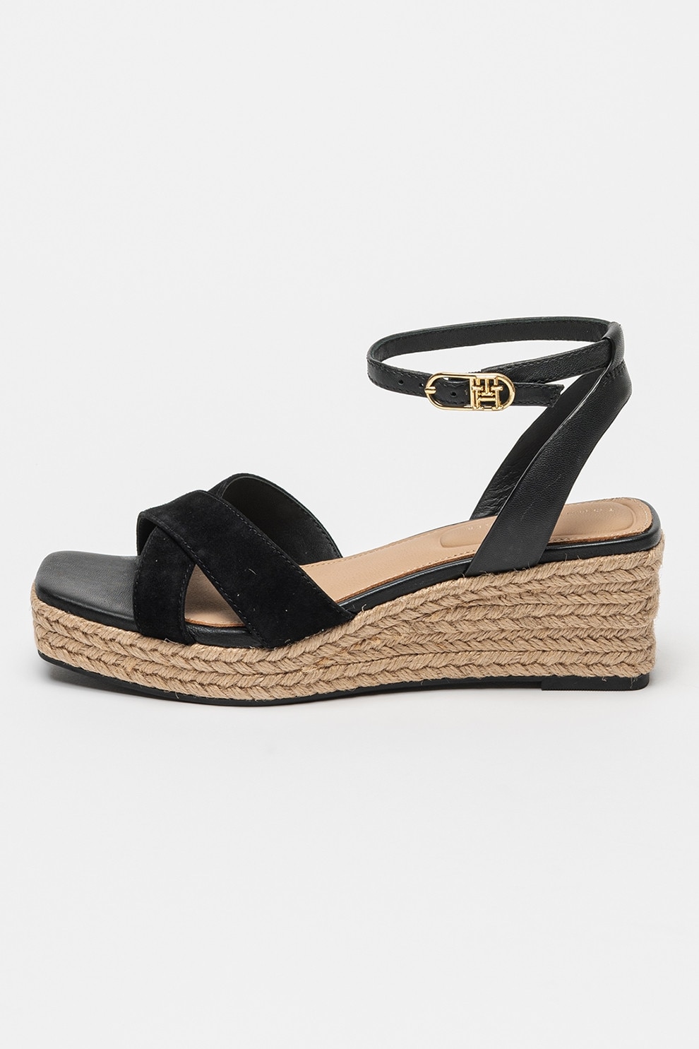 Tommy Hilfiger, Sandale din piele si piele intoarsa cu talpa wedge, Negru, 37