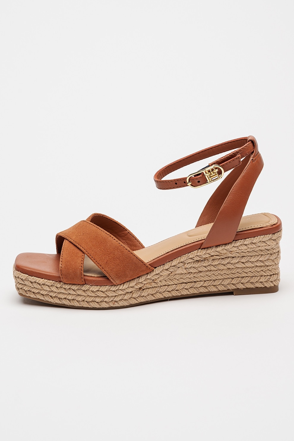 Tommy Hilfiger, Sandale din piele si piele intoarsa cu talpa wedge, Maro scortisoara, 40