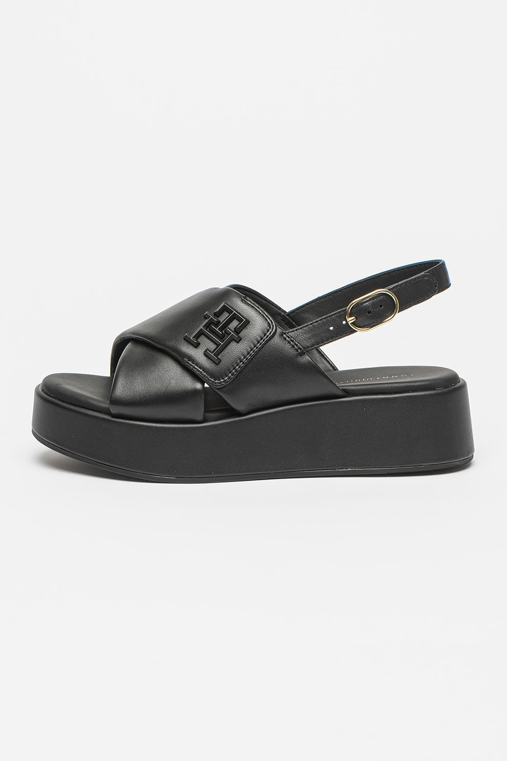 Tommy Hilfiger, Sandale din piele cu talpa wedge si barete incrucisate, Negru, 37