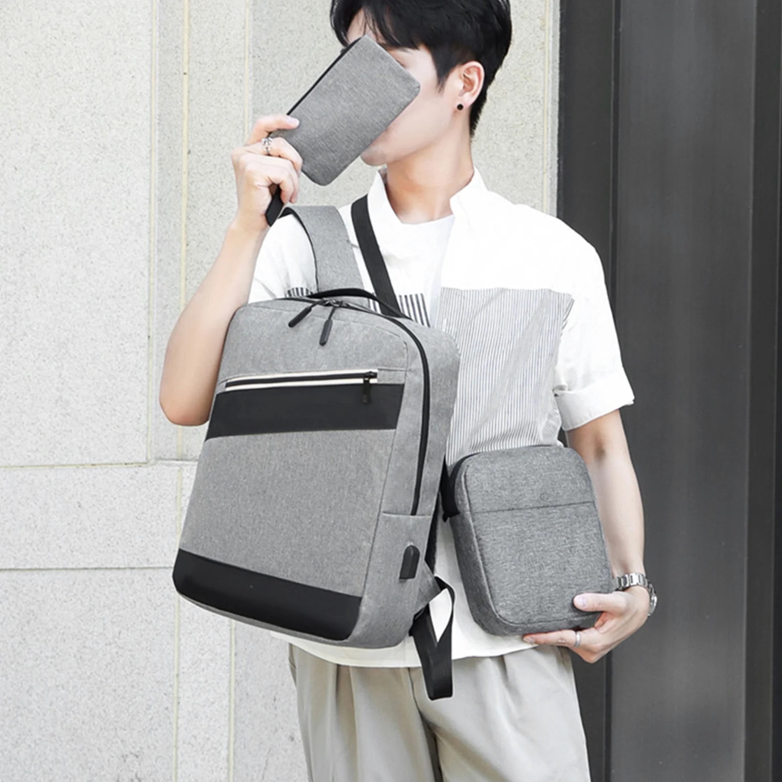 Rucsac laptop calatorie set 3 piese, gri, 41x30x13cm
