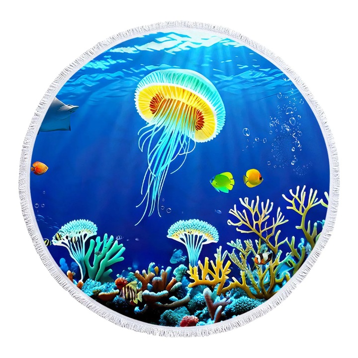 Prosop de plaja rotund ZYBLSSBB LSM2xh2750-BCS0329815-2, microfibra usoara, uscare rapida, rezistent la nisip, albastru multicolor, O155 cm
