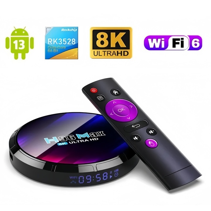 H96 Max RK3528 JFYU, médialejátszó, távirányítóval, 8K felbontás, Penta-Core, Wifi 6, Android 13, BT 5.0, 4 GB RAM, 32 GB ROM, fekete