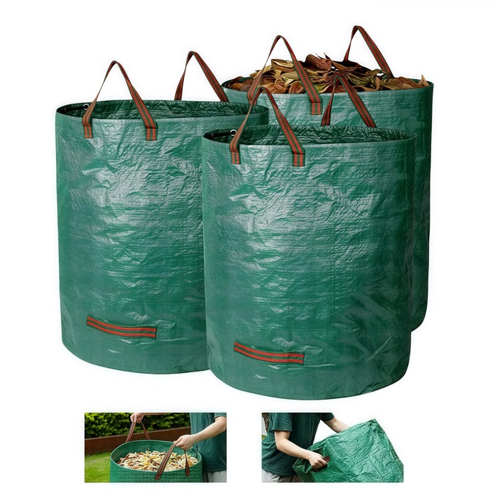 Set 3 Cosuri pentru Gradina, sac de depozitare a deseurilor de gradina cu maner, Pliabil, Reutilizabil, Rezistent la Apa, pentru Colectare Frunze si Iarba, 86 x 67 cm, 300L, Verde