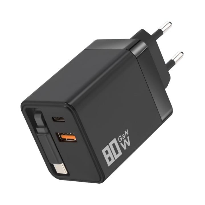 Зарядно устройство Super Fast Charge, FOSMET®, 80W 3 в 1, 1 x USB, 2 x Type-C. Доставя се с кабел Type-C, универсален многопортов, съвместим с телефон, смарт часовник, iPhone, Huawei, Samsung, Xiaomi, черен