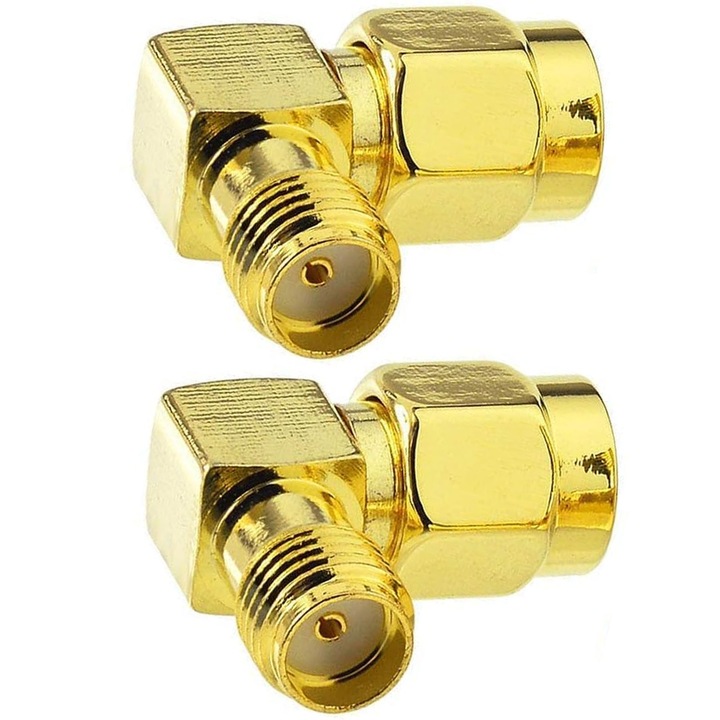 Set 2 adaptoare SMA, ZGGZERG, conectoare de inalta frecventa, SMA Tata la SMA Mama, unghi 90 grade, Rezistenta de lunga durata, Rezistent la interferente, Plug and play, Pentru antena/pigtail 5G GSM 3G 4G GPS WIFI LORA, Alama, Auriu