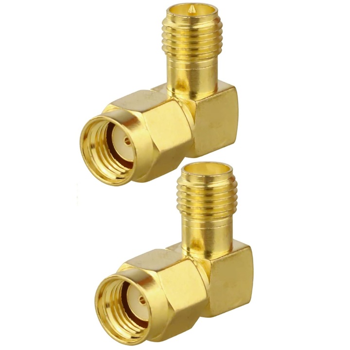 Set 2 adaptoare SMA, ZGGZERG, conectoare de inalta frecventa, SMA Tata la SMA Mama, unghi 90 grade, Rezistenta de lunga durata, Rezistent la interferente, Plug and play, Pentru antena/pigtail 5G GSM 3G 4G GPS WIFI LORA, Alama, Auriu