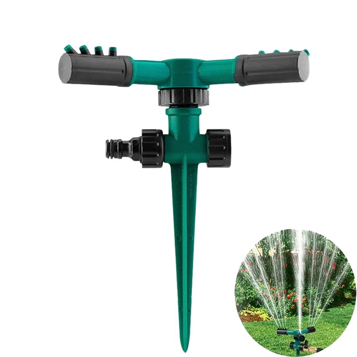 Въртящ се градински разпръсквач, TREXORA, 3 рамена, 12 дюзи, въртене на 360°, покритие 3600 кв. м, тежка основа, зелен